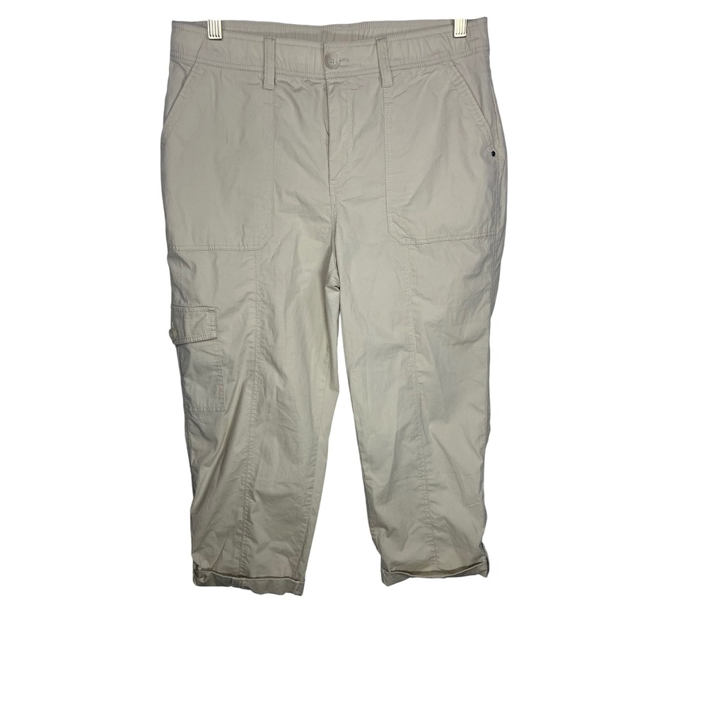 Chicos Cargo Crop Pants Size 8 Beige Mid Rise Utility Pocket Cuffed Hem Coastal